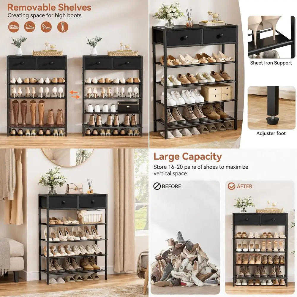 

5-уровневая металлическая полка для обуви с деревянной столешницей и 2 ящиками, вмещает 16–20 пар, органайзер для хранения в прихожей, уголь