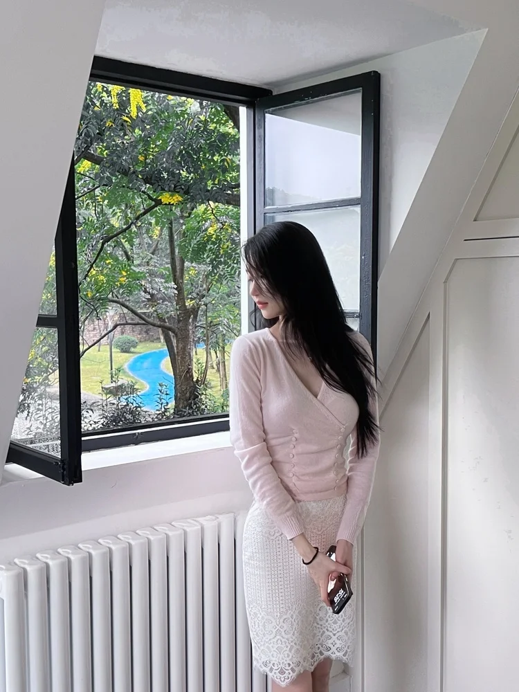 

Original Wcouture Pure Camere V-ne Cross Slim-fit Ballet Sle Knitted Top Women's Premium Quali Long Sve Sweater