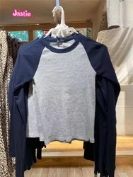 Vintage Patchwork Slim Tops Women Summer Casual Casual Round Neck Long Sleeve Tee Shirt Vintage Streetwear Cotton T-shirt 2024