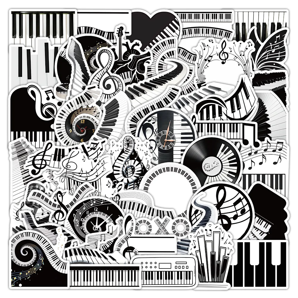 50Pcs Black White Keyboard Phone Stickers Cartoon Musician-Friendly Decorative Piano Cup Phone Case Waterproof Decals Wholesale