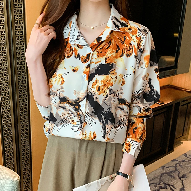 2025 패션 우아한 프린트 쉬폰 루즈 블라우스 여성용 긴팔 캐주얼 빈티지 분위기 여성 오피스 OL 셔츠 탑