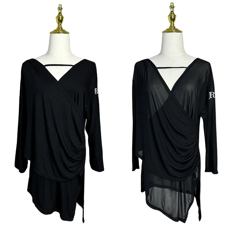 

Sexy Practice Clothes Rumba Cha Cha Dance Clothing New Loose Latin Dance Dress Women Black Long Sleeves Tops Modal/Mesh