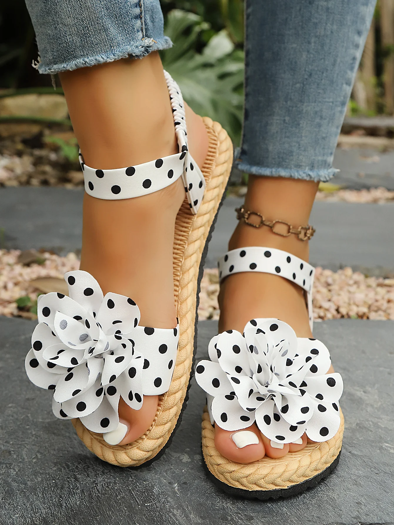 Flache Sandalen zum Hineinschlüpfen mit Schleife, Polka-Dot-Muster, weicher Boden, bequeme flache Schuhe für den Strandurlaub, Damen-Freizeitschuhe – Detail 6
