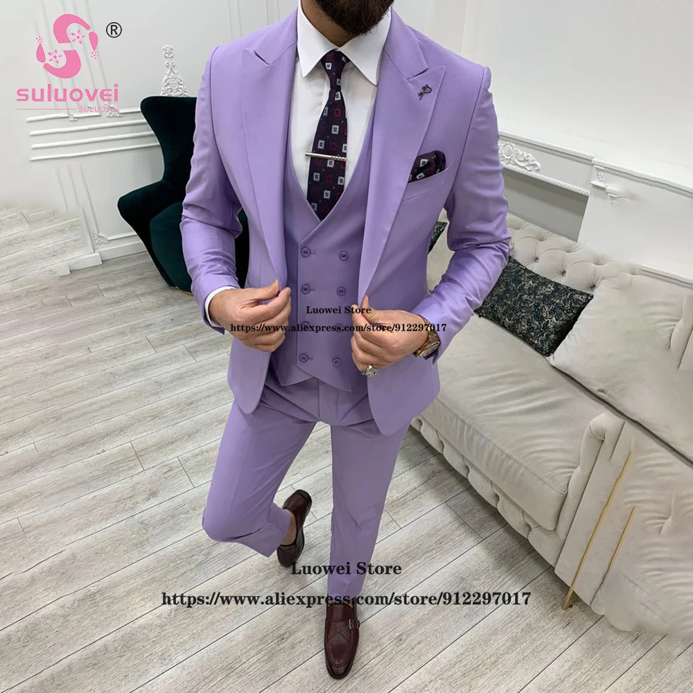 Fashion Lilac Slim Fit Suits For Men Elegant 3 Piece Jacket Vest Pants Set Formal Groom Wedding  Party Tuxedos Vestidos De Novia