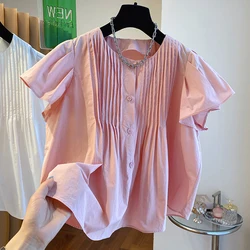 Niche Design Flying Sleeves Temperament Shirt Women's Summer 2024 New Ruffled Round Neck Blouse Sweet Casual Loose Short Tops