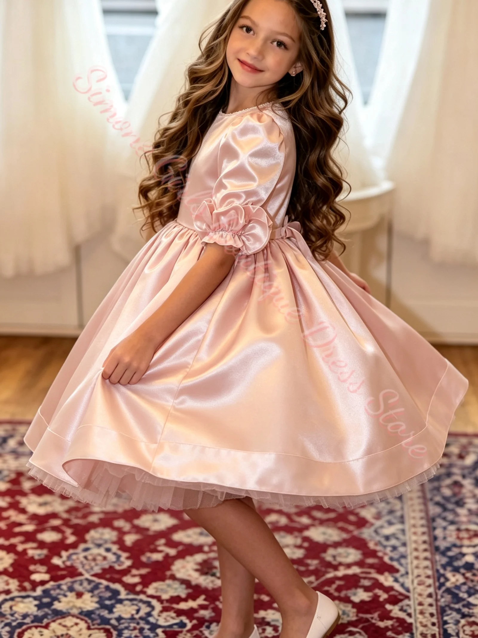 Großhandel Maßgeschneidertes Champagnerfarbenes Blumenmädchenkleid für Hochzeiten, Tüll, bauschig, 3/4-Ärmel, hohe Taille, Kindergeburtstag, Erstkommunion – Detail 4