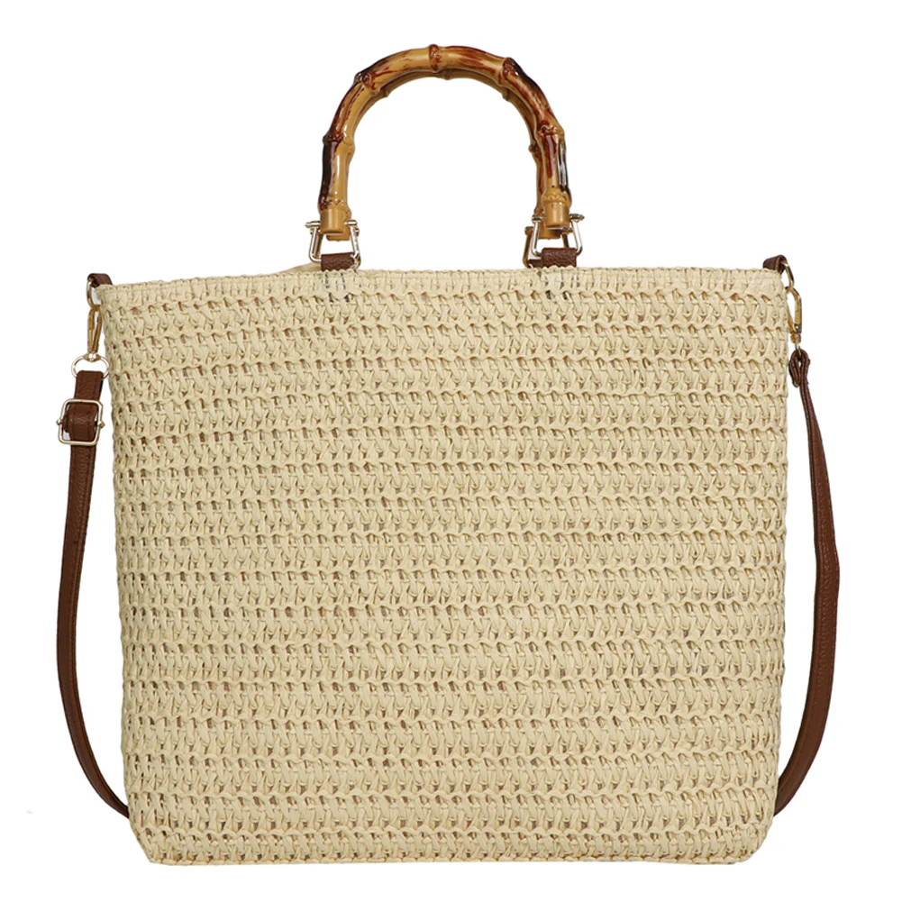 Women Straw Woven Handbag Summer Beach Bags Large Capacity Handmade Straw Bag with Bamboo Handle Drawstring for Party Vacation