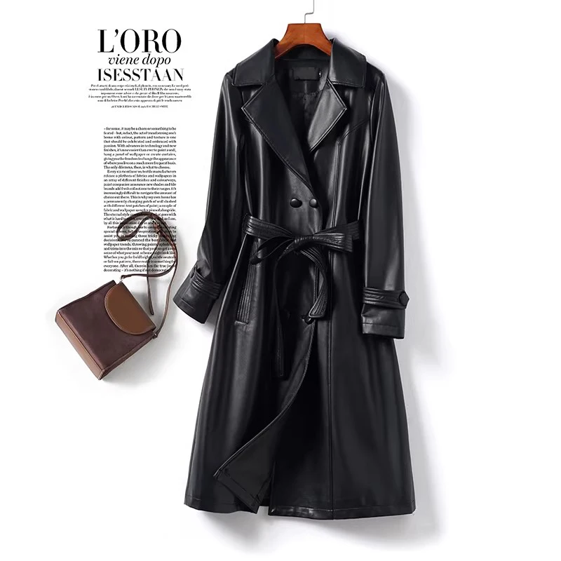 New Women Spring Autumn Split Leather Trench Coat Fashion Turn-down Collar Double Breasted Slim Coat Simplicity Casual Long Coat