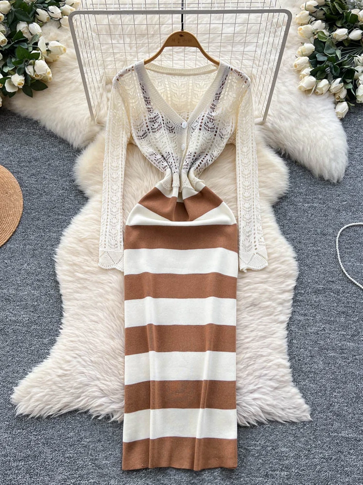 

Ele Knitted Summer Outfit Thin Waist-Cinching Striped Dr Set Sweet Outerwear Cardigan Faionable Women's Ensemble