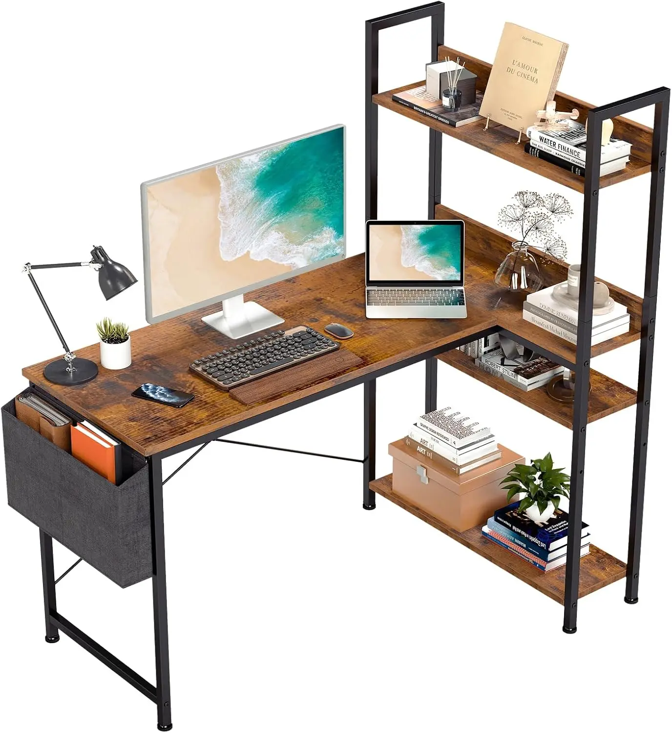 

L-Shaped Corner Desk with Storage Shelf, Adjustable Feet for Dual Monitors, Brown Wood Office Table