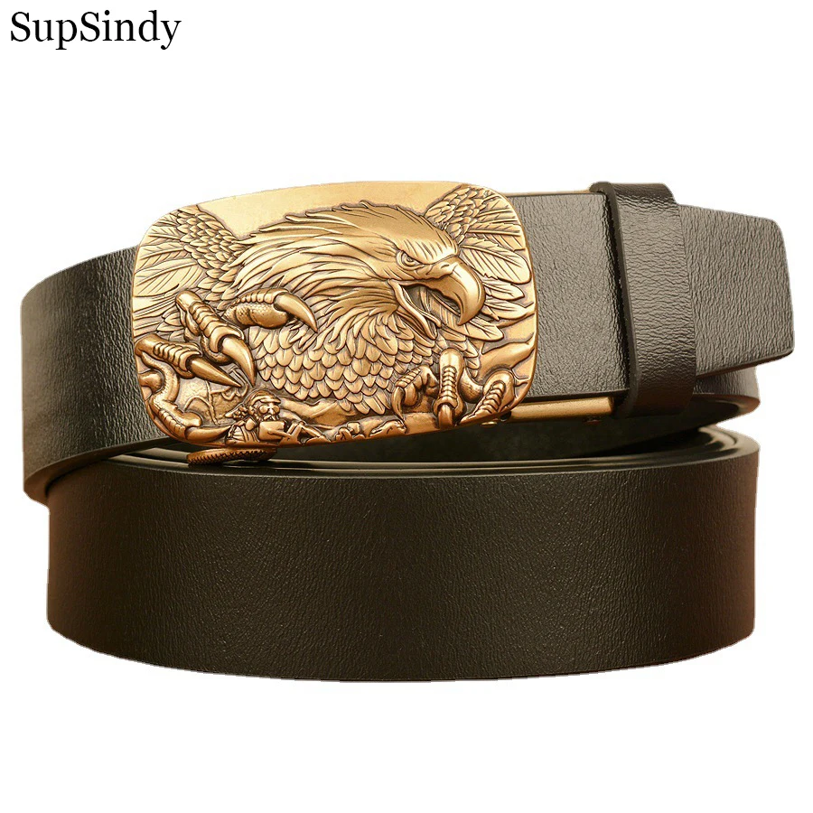 

SupSindy Men Genuine Leather Belt Luxury USA Eagle Metal Automatic Buckle Cowhide Belts for Men Jeans Waistband Male Strap Black