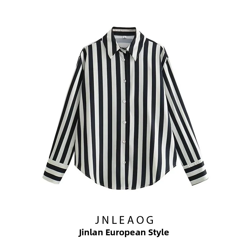 

JNLEAOG Casual Striped Shirt Women's Fashion New Style Polyester Fiber Long Sleeve Loose Fit Classic Collar Button down