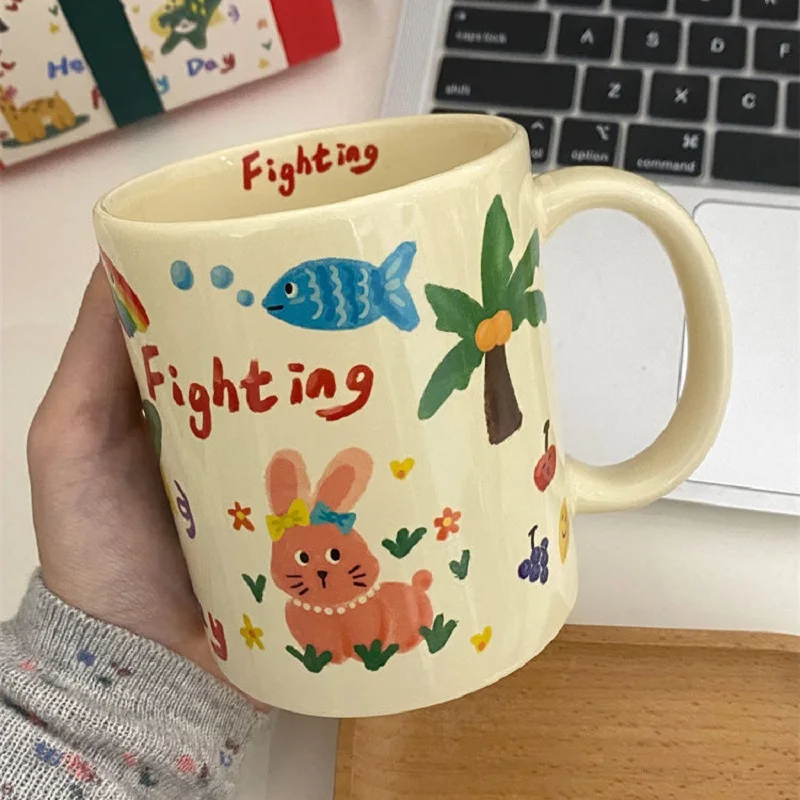 

Cream Graffiti Cartoon Mark Ceramic Cup Office Large Capacity Water Cups High Appearance High Temperature Resistant Gift 300ml