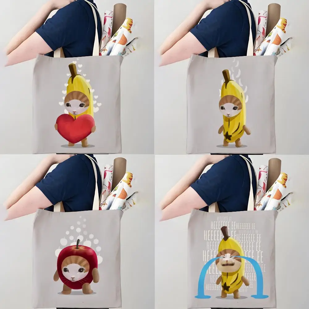 Happy Cat Meme Storage Bags Canvas Double-Sided Print Tote Bag Large Capacity Shoulder Fashion Shopping Handbag