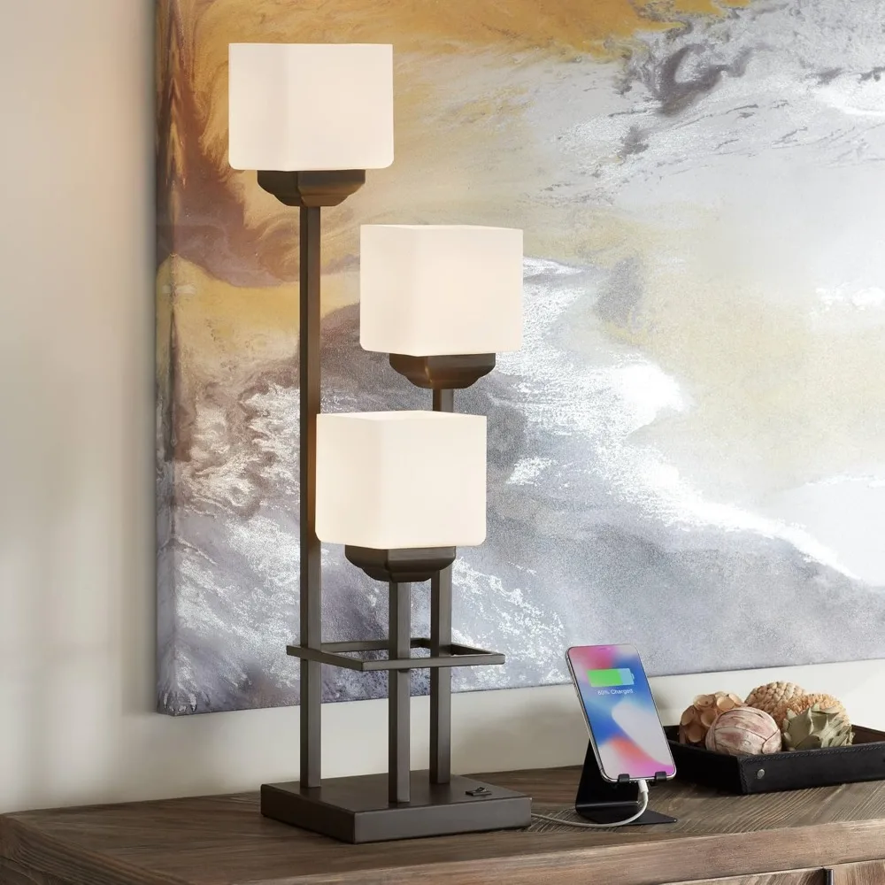 

Modern Console Table Lamp 29 1/2" Tall with USB Charging Port Metal White Glass Square Shade for Bedroom Living Room