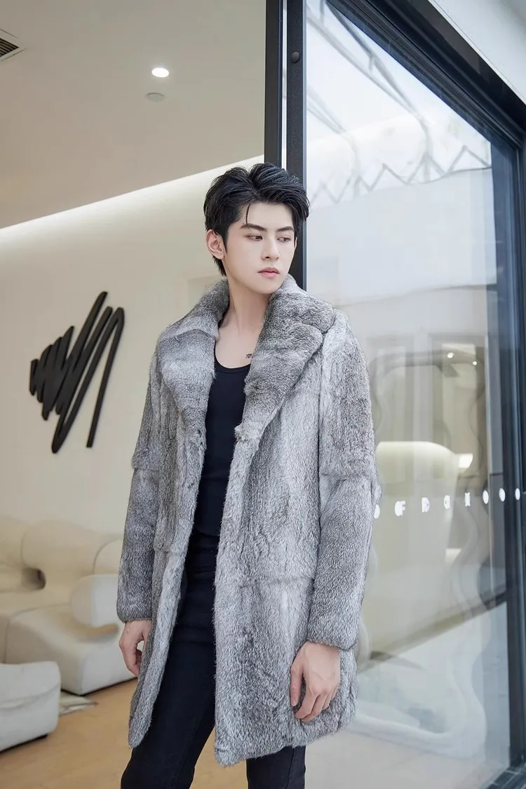 Real genunie natural rabbit fur coat men's English-collar long fashion jacket warm winter custom any size