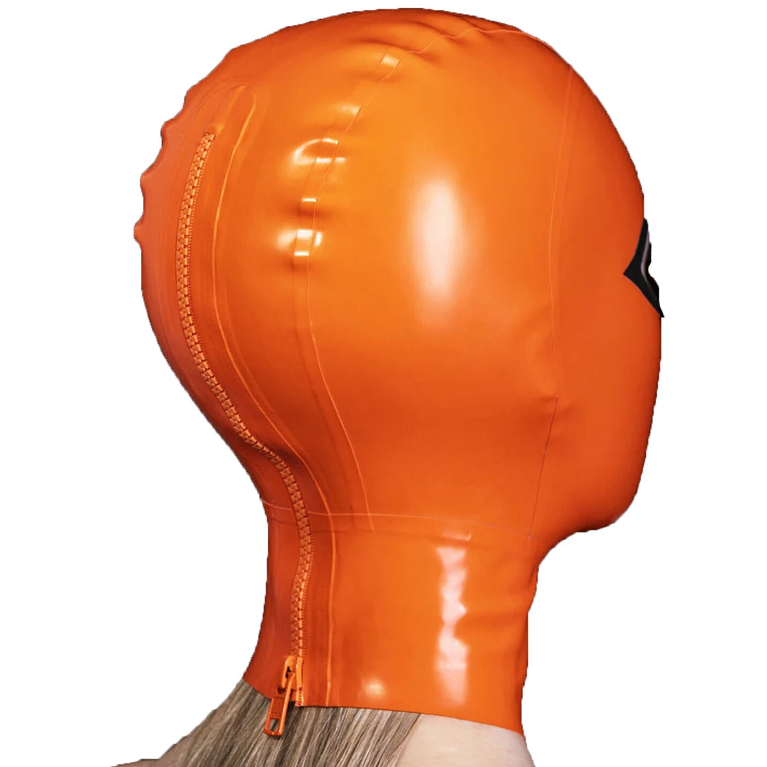 Sexy Latex Gummi Hood Rubber Women Men Fetish Orange Mask  Back Zip Headpiece Handmade RLM273