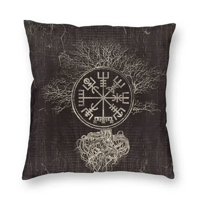 Vegvisir and Tree of Life Yggdrasil, Home Decorative Cushion Covers, Modern Viking Compass, Outdoor Heart, Square Pillowcase