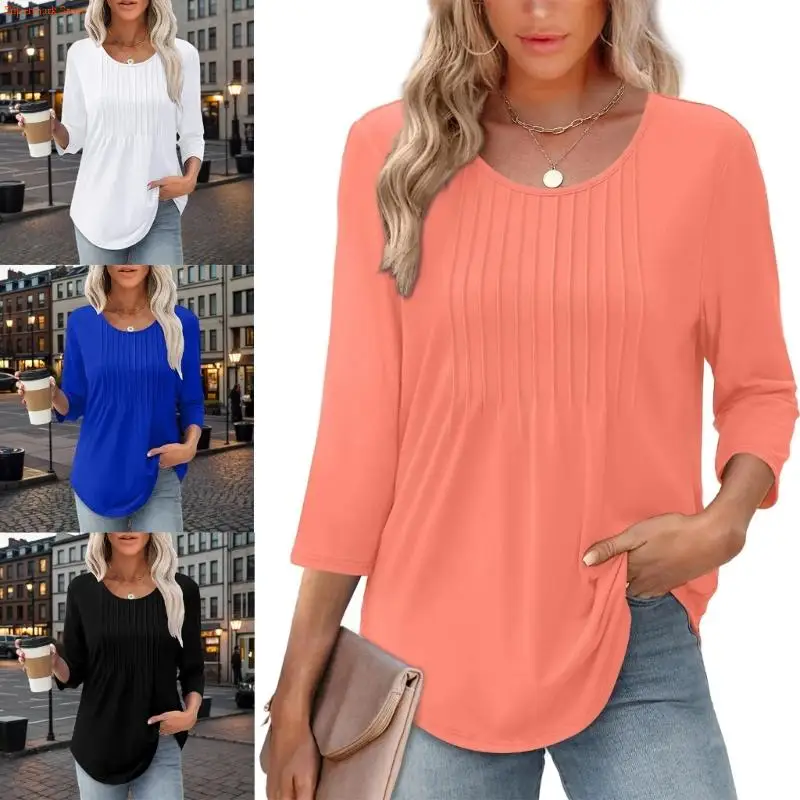 

Q5WE Breathable Polyester Long Sleeve Blouse with Elegant Round Neck Pleated Casual Shirt for Office and Casual Wear