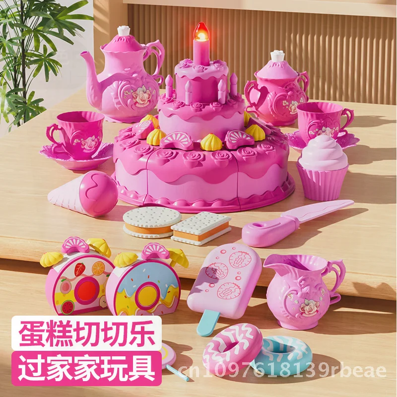 Girls Cake Cutting Music Light Simulation Tea Set Toy 3-Layer Dessert Playhouse Candle Afternoon Tea Play Kitchen Simulation