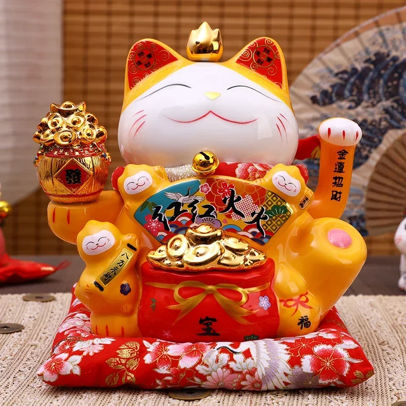 9 Inch Lucky Fortune Cat with Waving Arm Chinese Feng Shui Decoration Maneki Neko Beckoning Cat USB/Batteries Powered