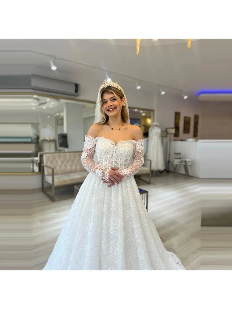 Robes De mariée élégantes personnalisées pour femmes, ligne A, dentelle, épaules dénudées, manches longues, robes De soirée, 2026