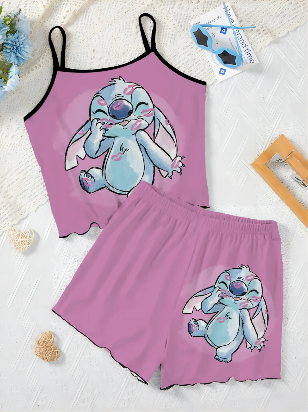 Completo estivo da donna gonna pigiama t-shirt set corto Top Disney lattuga Trim Stitch Slip Dress Piece Outfit elegante Disney