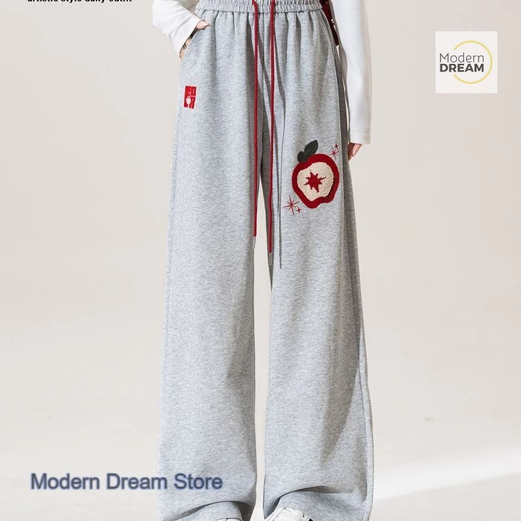 Korean style Apple Embroidery Sports Pants Women's Spring and Autumn elastic drawstring high waist loose Joker wide-leg pants