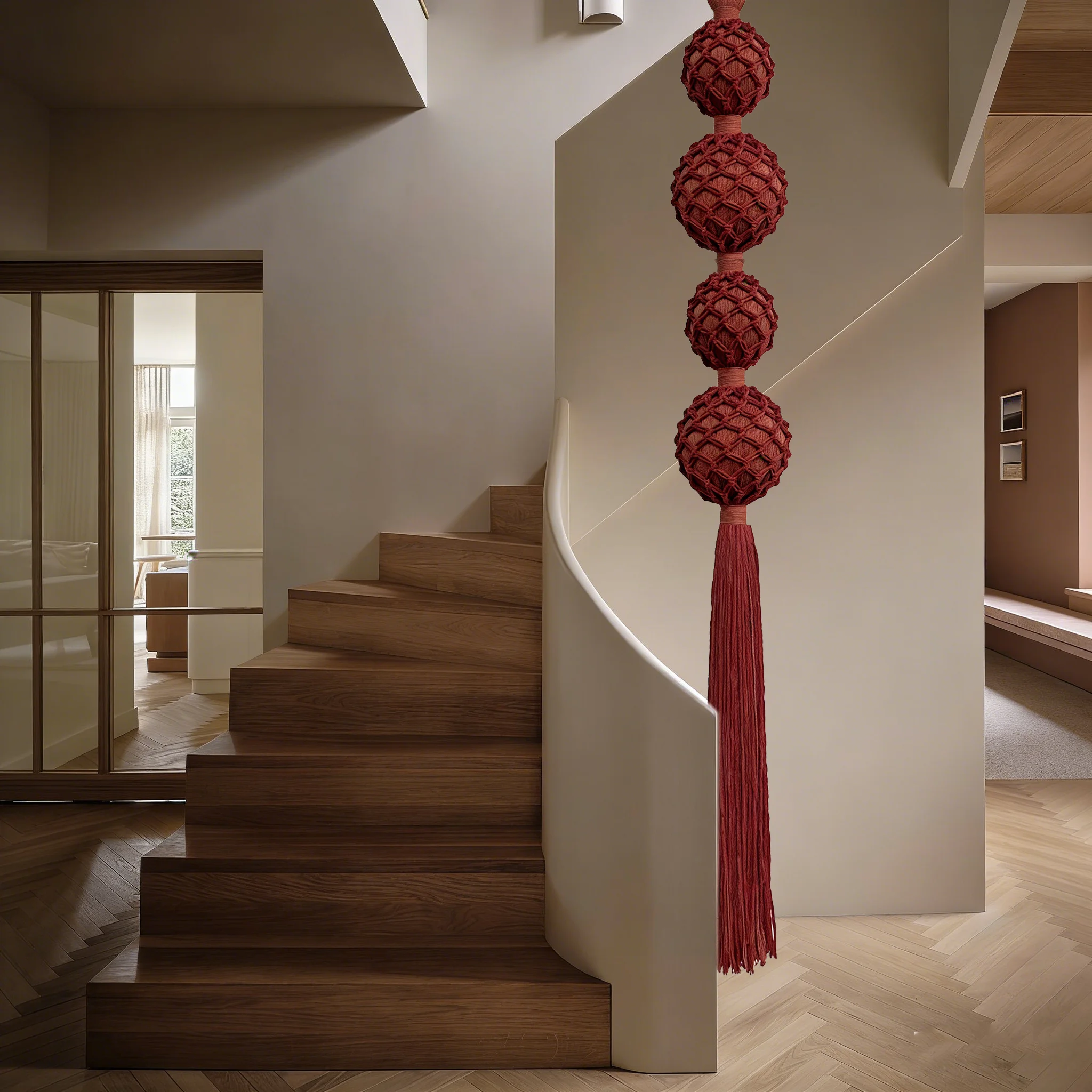 Extra Large 4-Sphere Macrame Wall Hanging | Floor-to-Ceiling Fiber Sculpture | Burgundy Tassel Statement Piece