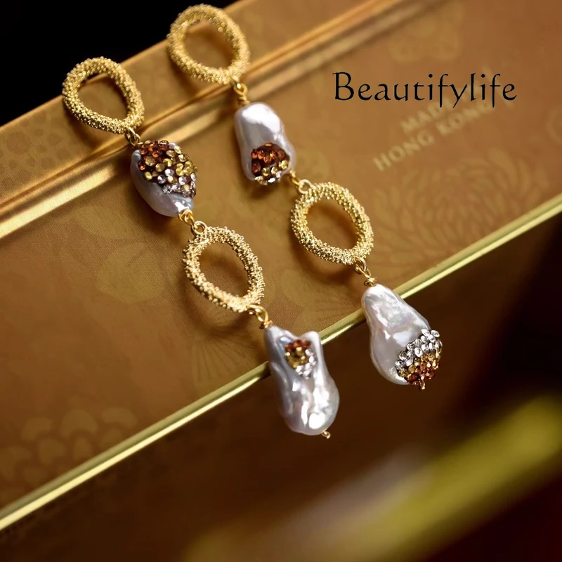

Freshwater pearl long stud earrings unique earrings 2025 new high-end versatile