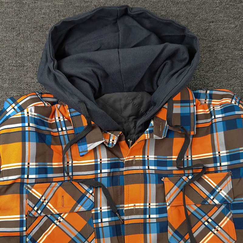 Autumn Flannel Jackets For Men Fashion Long Sleeve Plaid Shirt Jacket Quilt Lined Hooded With Button Down Winter Coat Male