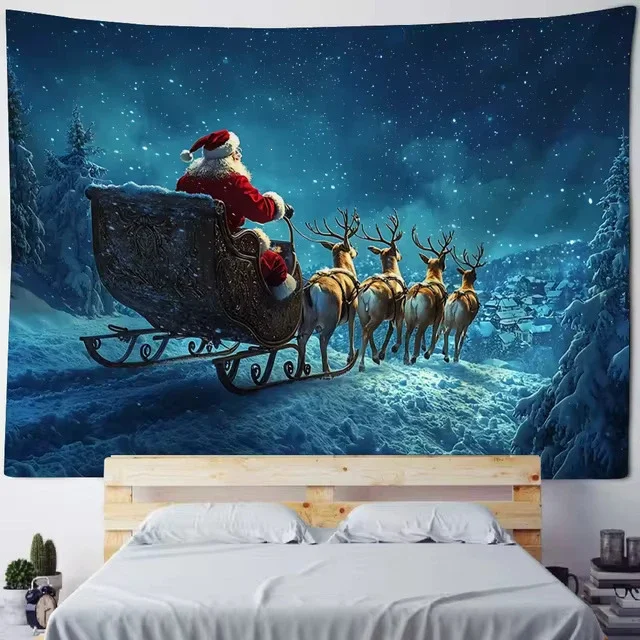 VIKAMA Santa Sleigh Reindeer Night Tapestry Wall Hanging, 6 Designs, Wall Decor for Bedroom Living Room Dorm