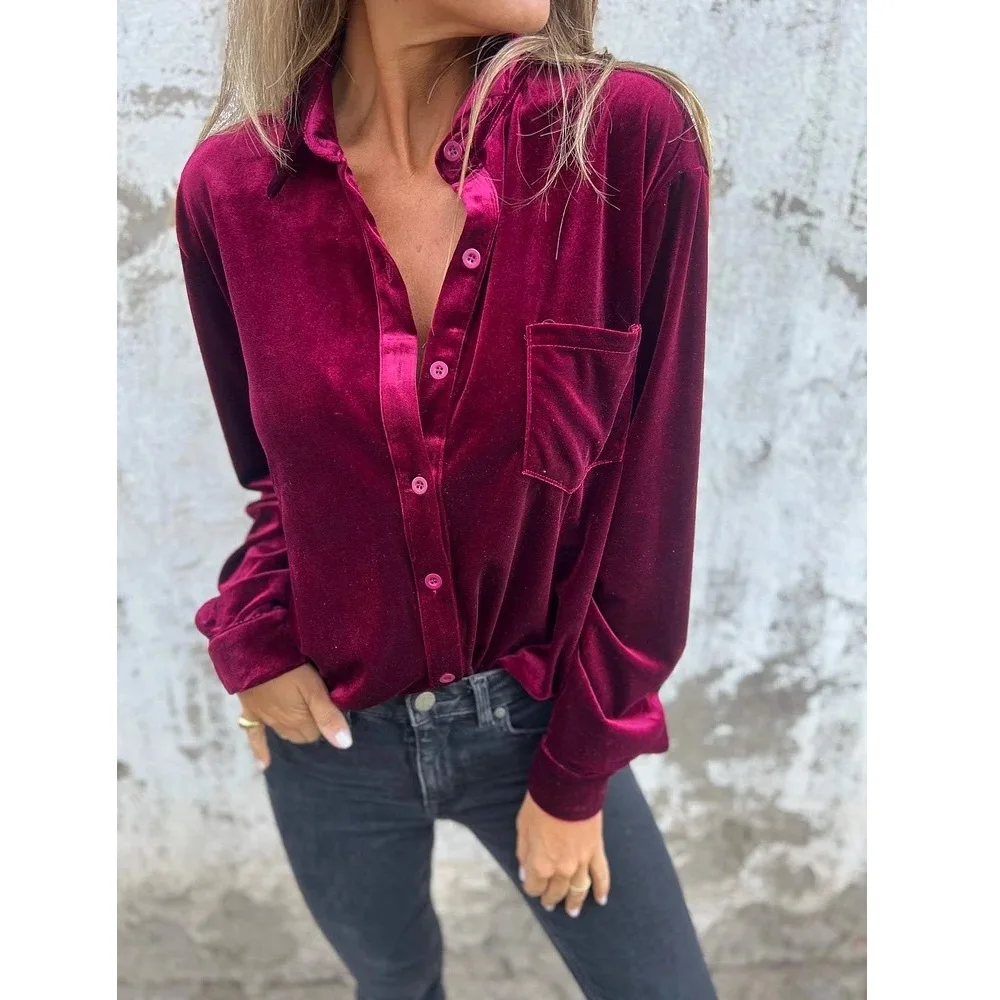 Camisas y blusas de terciopelo para otoño y primavera, Tops lisos de manga larga con una botonadura y bolsillo, camisas Vintage para mujer