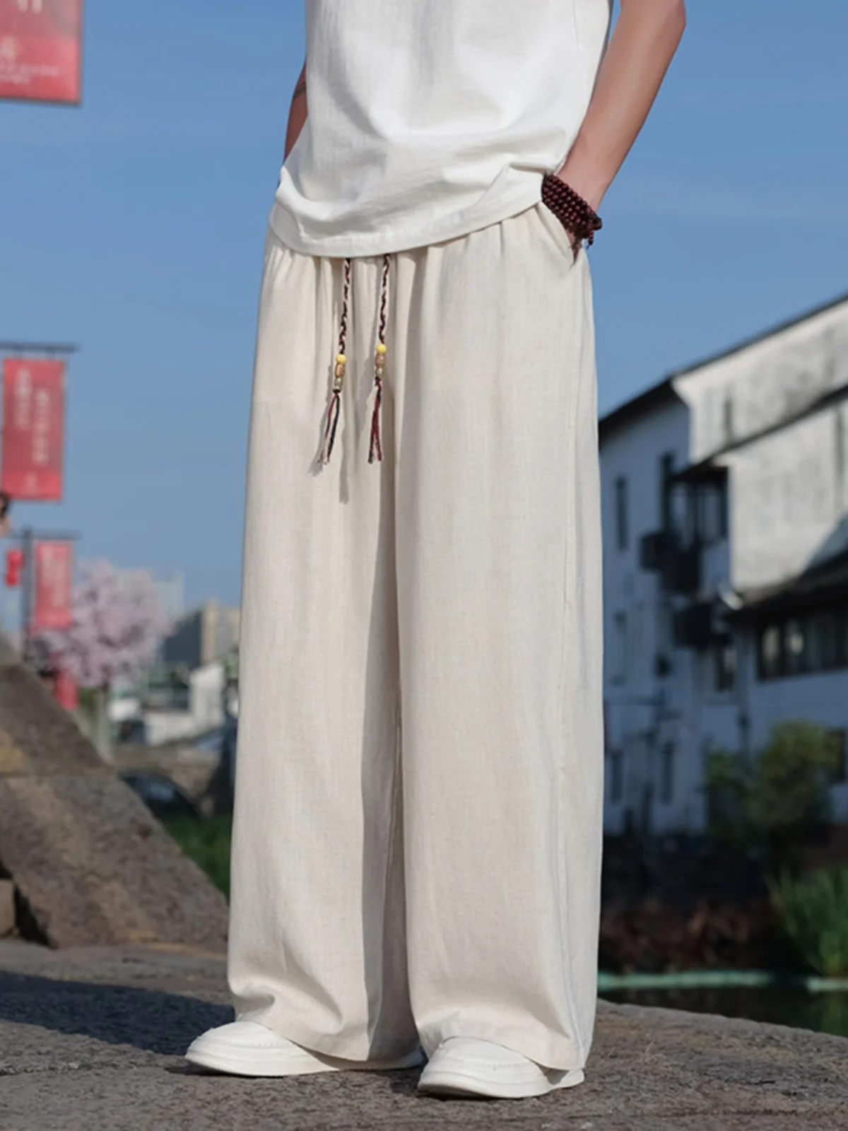 

Новые китайские мужские летние тонкие брюки из льна и шелка с широкими штанинами, повседневные, модные, прямого кроя, дышащие