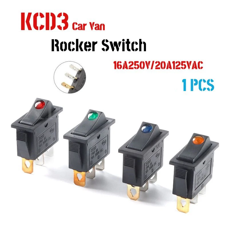 

1PCS KCD3 Black Rocker Switch ON OFF 3Pin Latching 16A 250VAC With Dot LED For Motor Car Auto Switch Red Blue Green Yellow Light