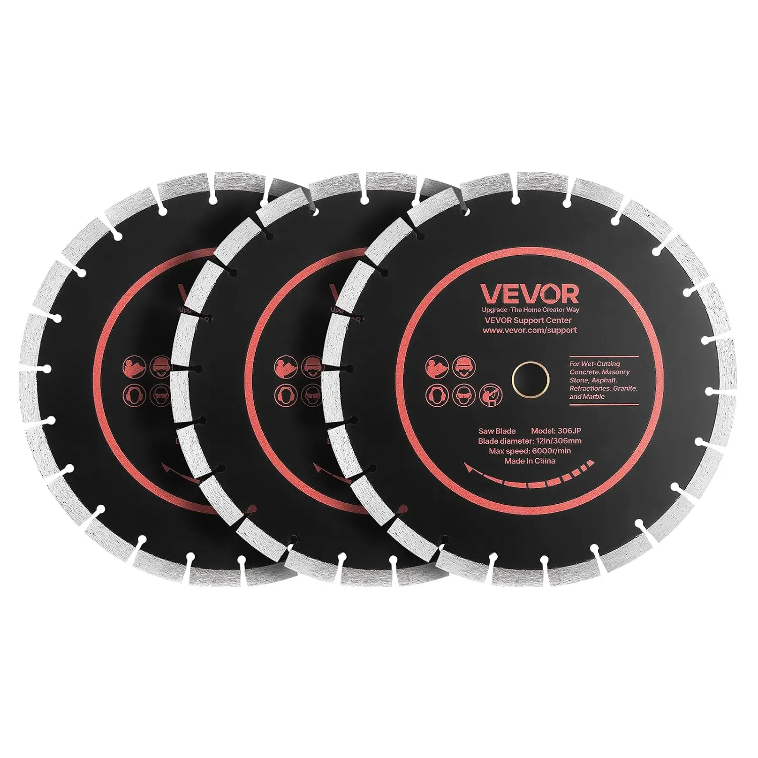 Diamond Blades 12 inch, 3-Pack Concrete Saw Blade Set, 1 in Arbor, High-Hardness Diamond Segments, 65Mn Steel Core, Dry Wet Cutt