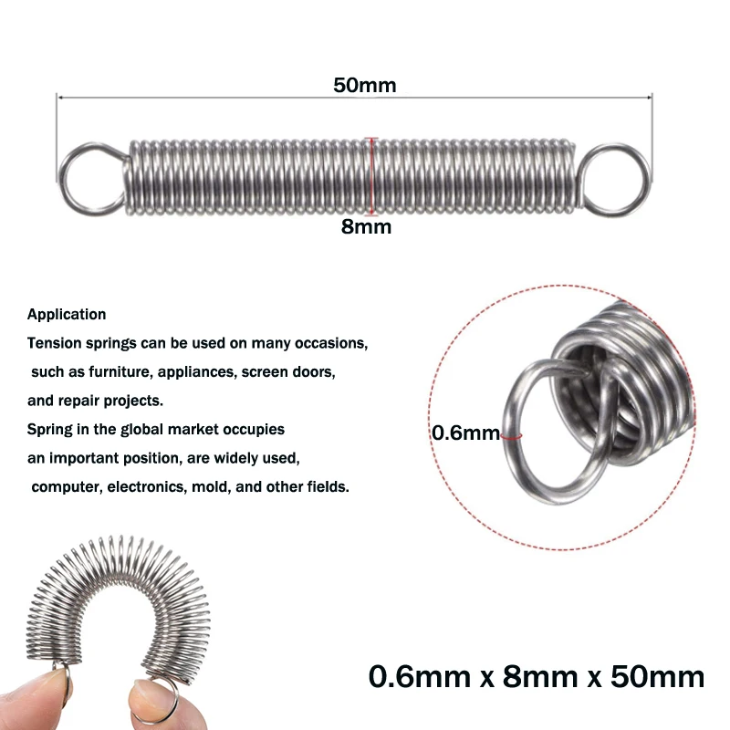 10PCS 304 Stainless Steel Dual Hook Small Tension Spring Hardware Accessories Wire Dia 0.3-0.6mm Outer Dia 3-8mm Length 10-50mm