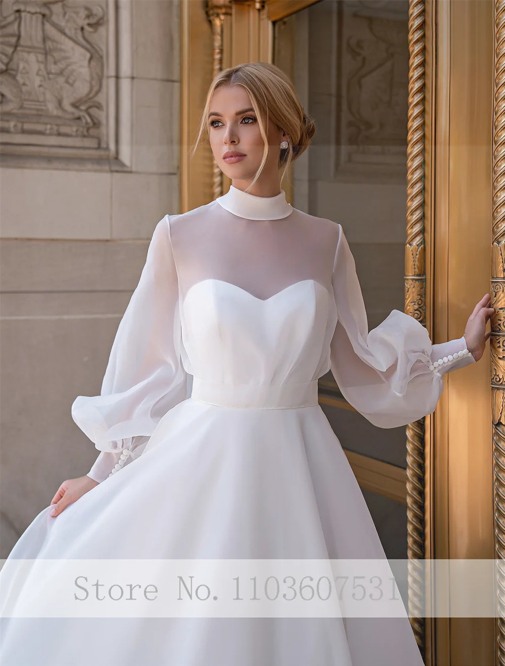 Classic High Neck Organza Long Puff Sleeve Wedding Dress for Women A-line Court Lace up Boho Wedding Gown robe de mariée