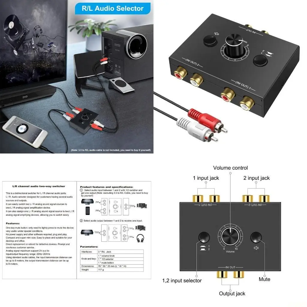 

B03F R/L Stereo Switch Splitter 2 1 x 2 3.5mm Headphone Switcher Two-way