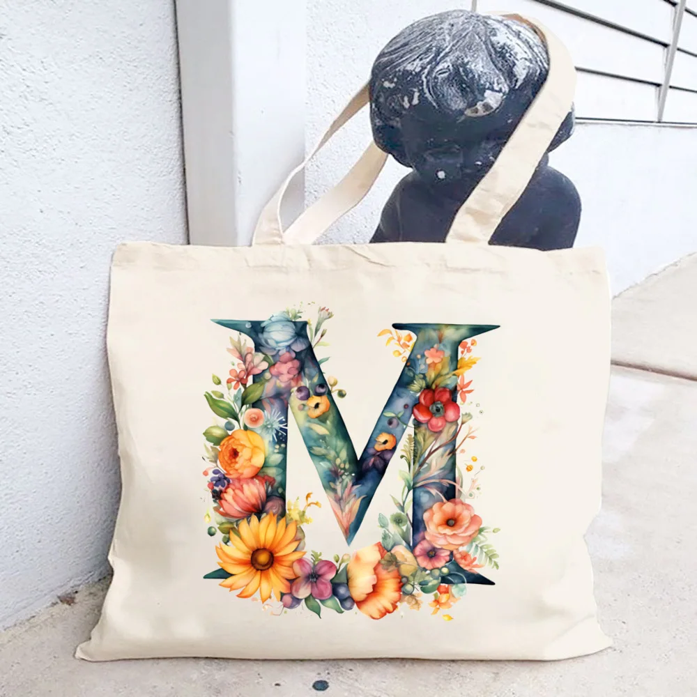 Watercolor Floral Alphabet Tote Bags for Women Large Capacity Cotton Canvas Shopping Bag Foldable Reusable Cloth Shopper