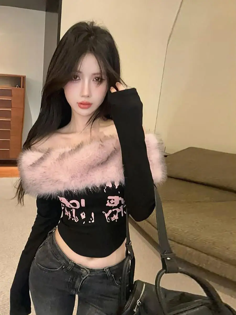 Millennial Rebellious Sweet Spicy Fur Collar Letter Print Shoulder Bared One Shoulder Long Sleeve Subcultural Slimming Top Women