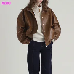 Women Cow Leather Coat Bomber Jacket Spring Autumn American Vintage Brown Waxy Leather Pilot Jackets Oversize Roupas Femininas