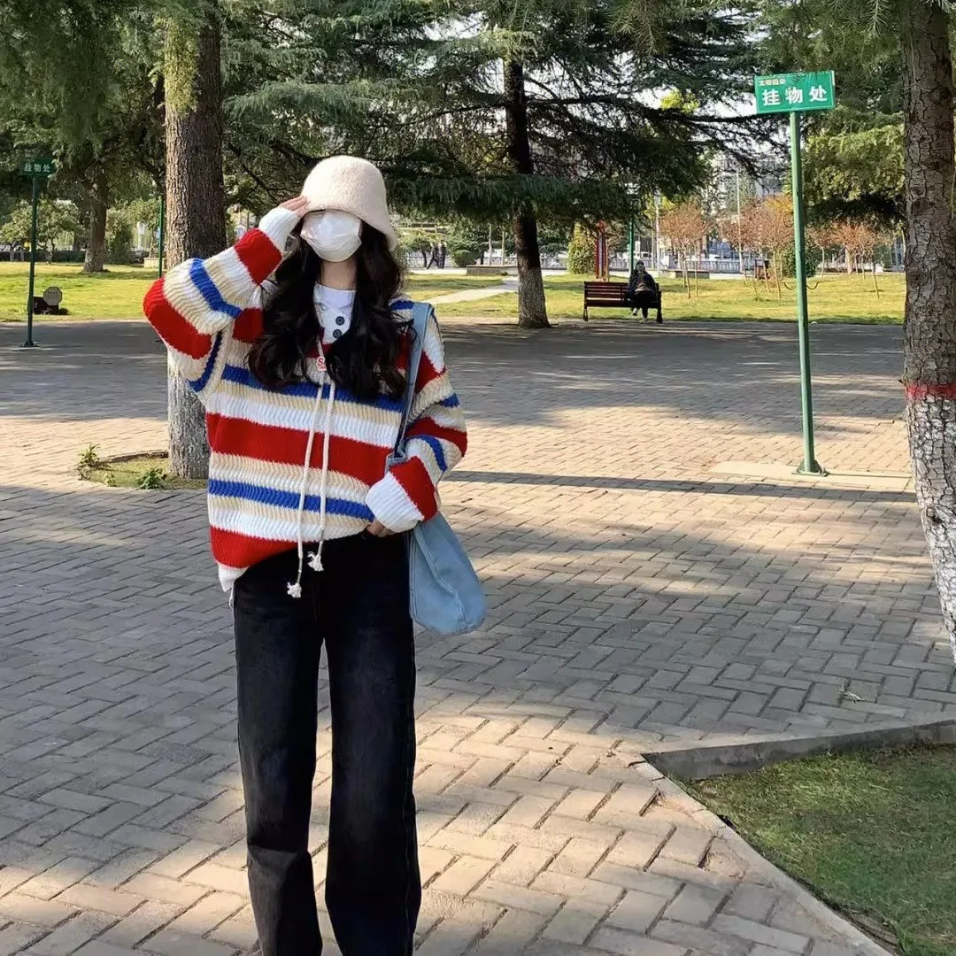 Japanese Retro Rainbow Striped Polo Collar Oversize High-End Sweater Women Autumn Winter New Lazy Style Knitted Sweater