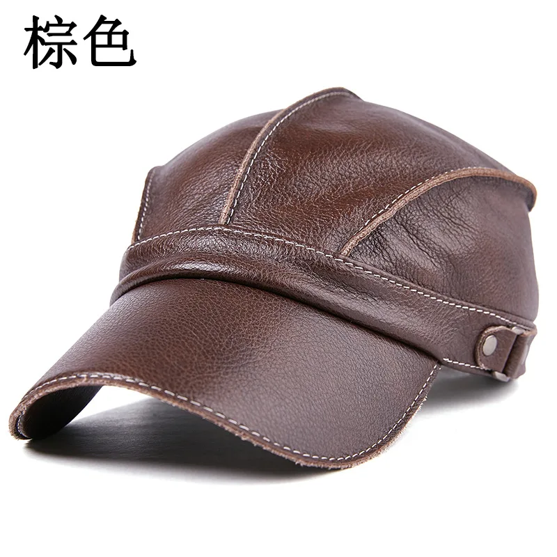 2026 Men's Genuine Leather Baseball Cap with Ear Flaps - Bright Red Top Grain Leather Peaked Hat for Winter Casual - view 6