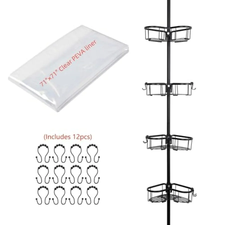 Flat Shelf Tension Rod Shower Organizer with 4 Adjustable Shelves for Compact Bathrooms Rustproof Corner Shower Caddy with Buil