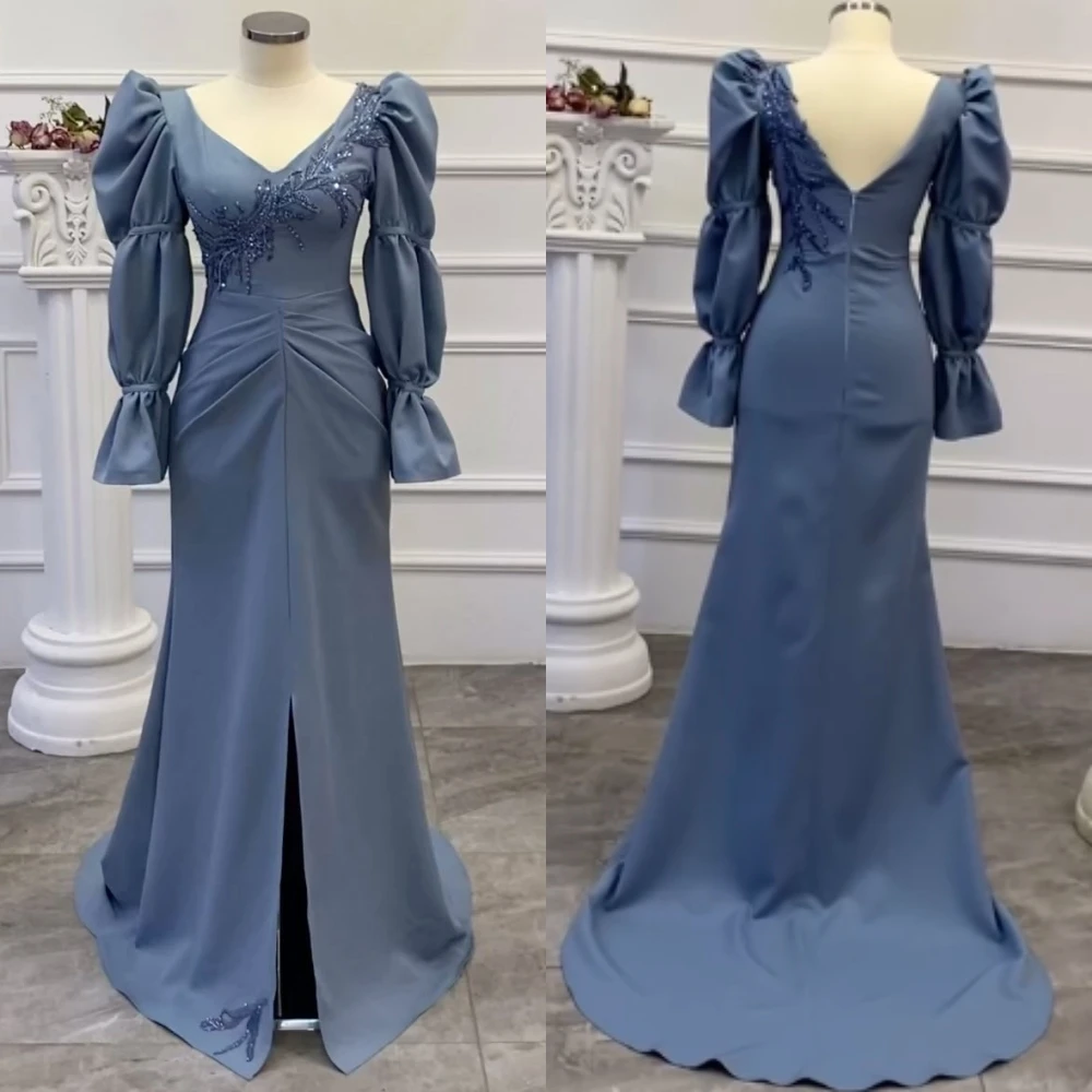 Jersey Pleat Beading Party A-line V-neck Bespoke Occasion Gown Long Dresses