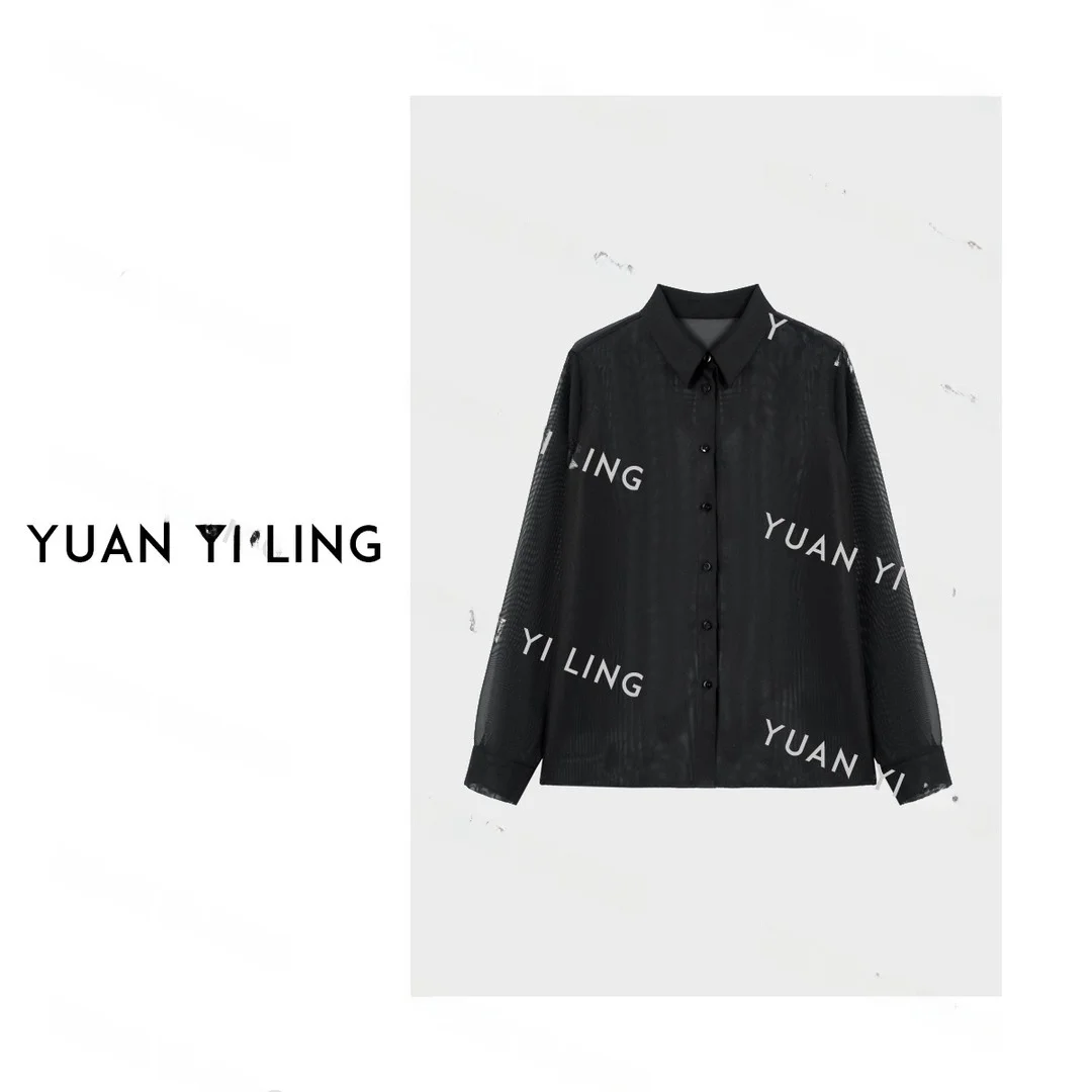 

Yuan Yiling Misty Galaxy Mesh Shirt Long Sleeve Pure Color Turn-down Collar Fashionable Versatile High-end Spring Summer Top