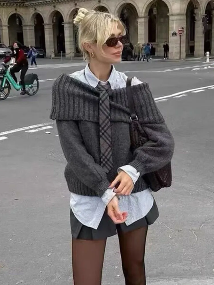HH femmes automne nouvelle mode revers une épaule pull pull femme haute rue décontracté ample solide tout-Match haut français
