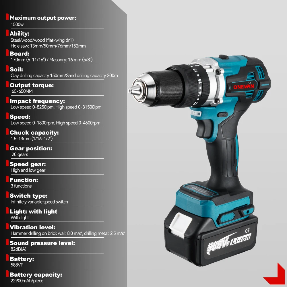 ONEVAN 13MM 650NM Bürstenlosen Elektrischen Schlagbohrmaschine Akkuschrauber Bohrer Li-Ion Batterien Power Tool Für makita 18v batterie