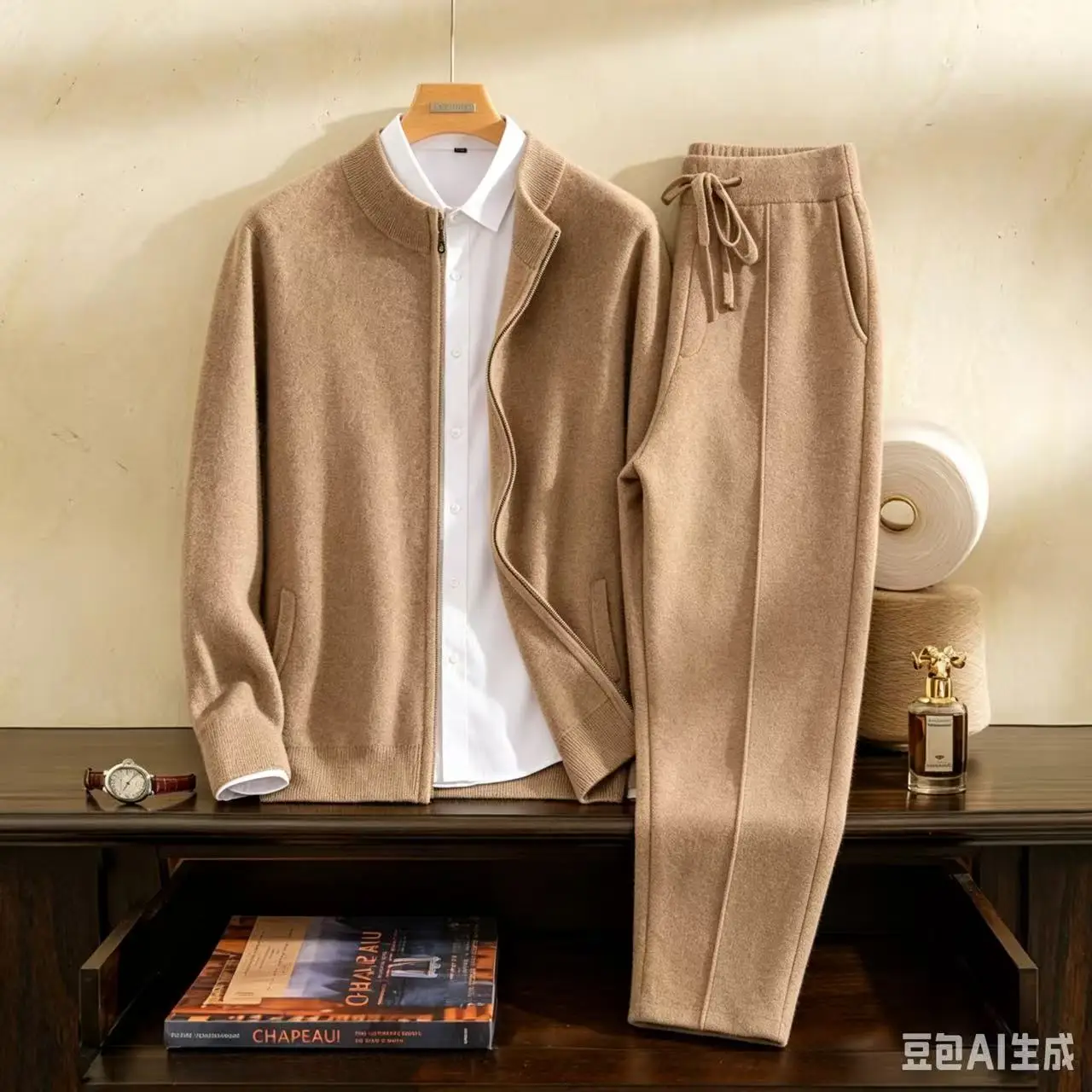 High quality 100% cashmere men's suit Mock Neck zipper cardigan jacket knitted pants pocket two-piece set/thickened air layer